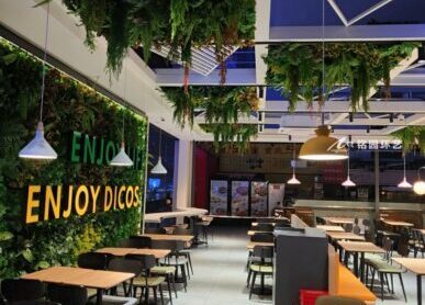 餐飲室內景觀，成都東站德克士綠植吊頂植物墻造景
