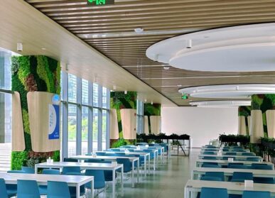 包柱植物墻，電子廠食堂室內包柱子綠植景觀